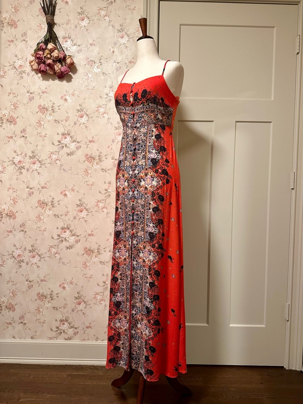 Free People Morning Song XS Red Boho Maxi Dress Festival Floral Lace Detail